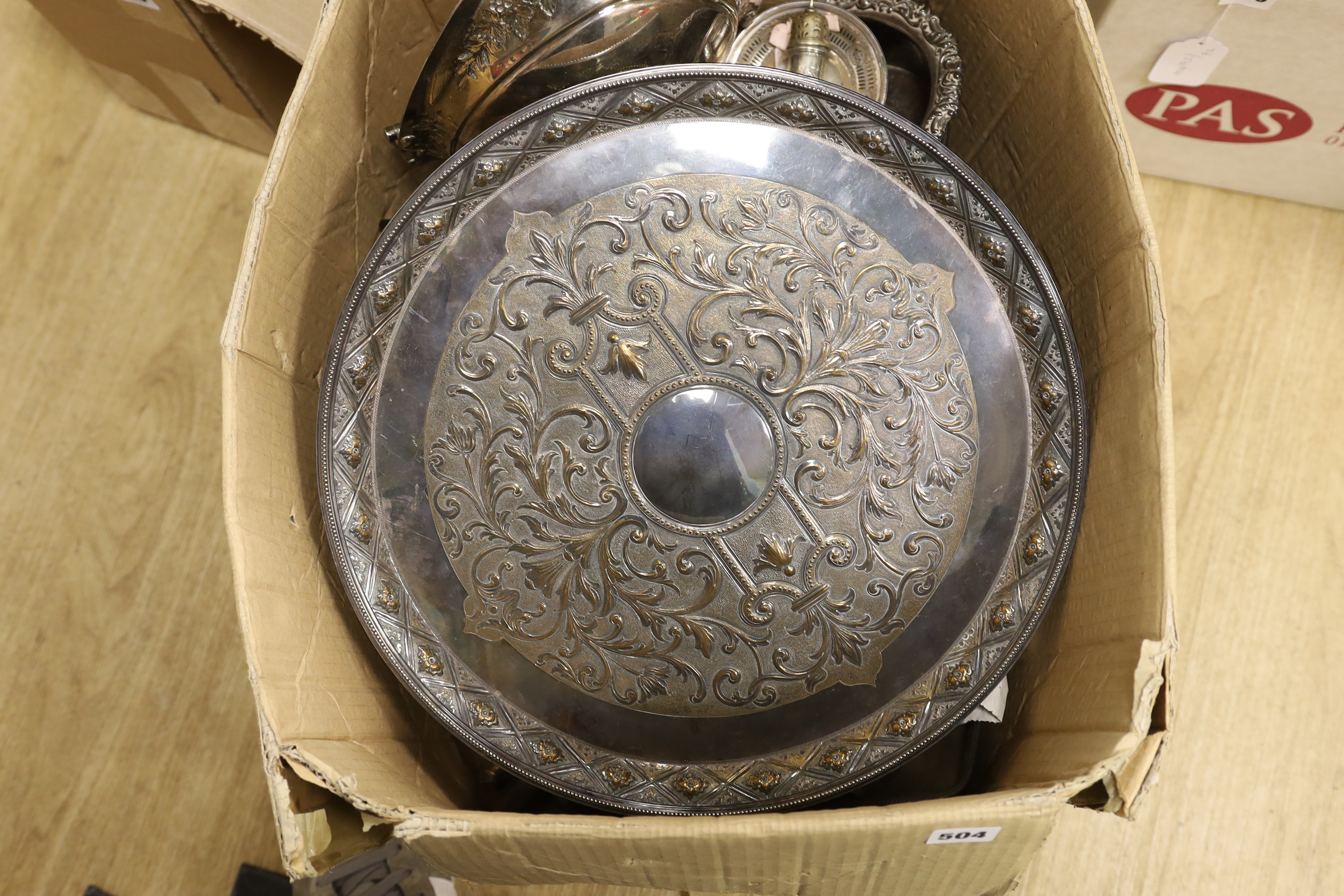 A silver mounted perpetual calendar, a photograph frame and sundry Victorian and later plated ware.